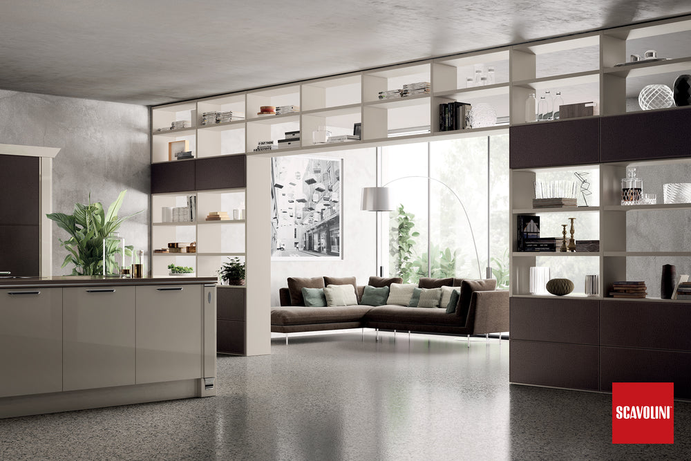 
                  
                    Scavolini Exclusiva Kitchen with Exclusive Finishes, High Gloss Lacquer Bookshelves and Living Room Cabinetry
                  
                